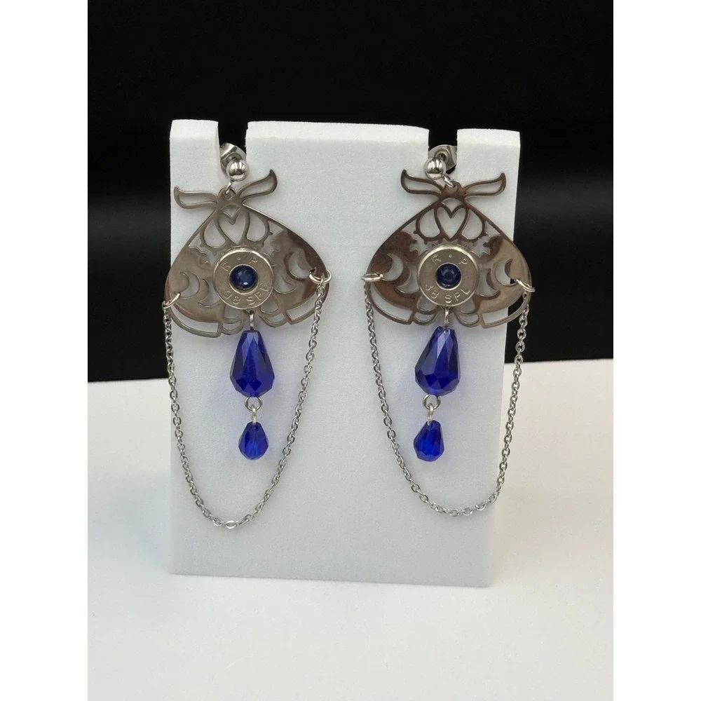 Vintage Womens silver Tone Chain‎ Blue Beaded Fashion Dangle/Drop Earrings